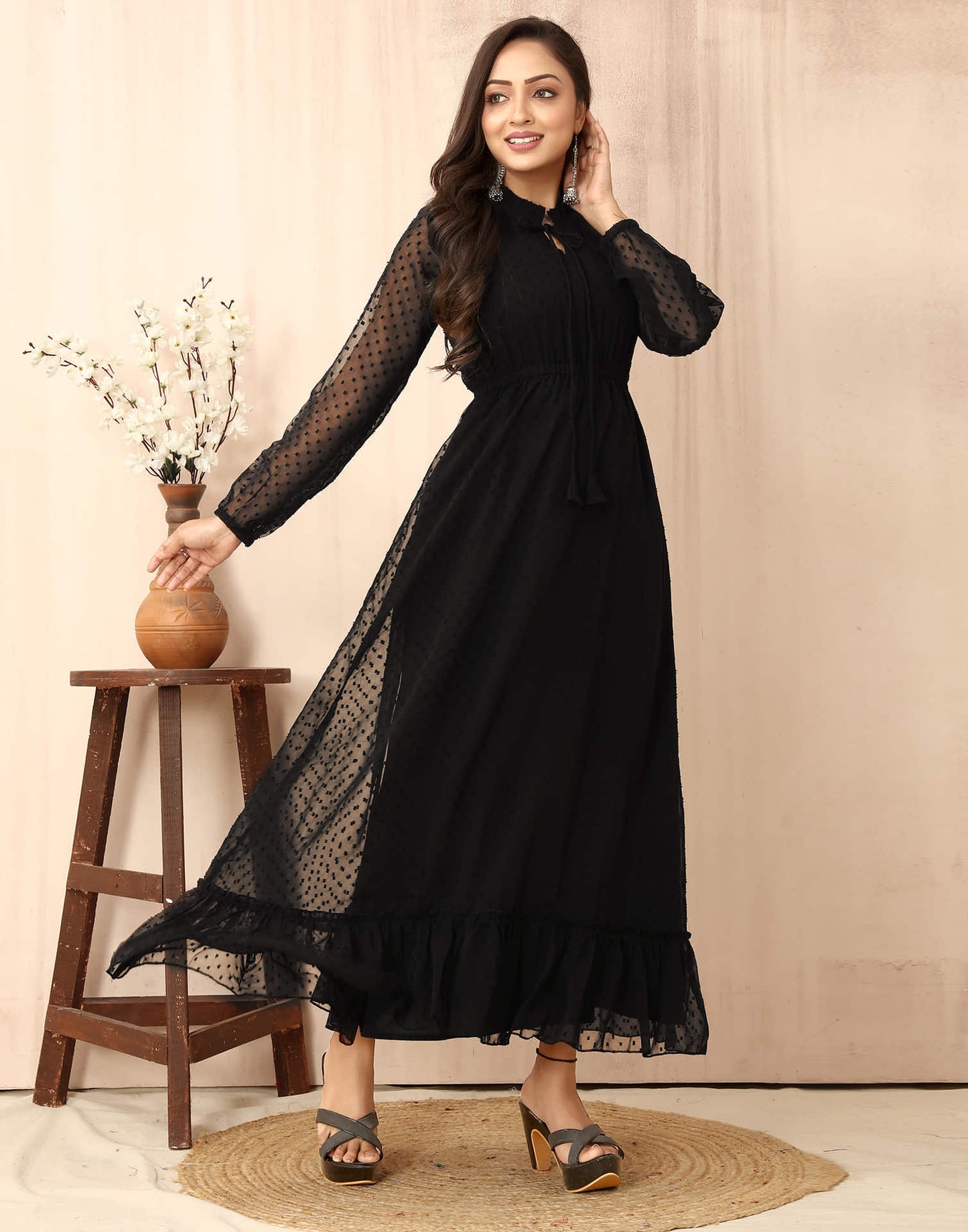 Black Chiffon Woven Flared Dress