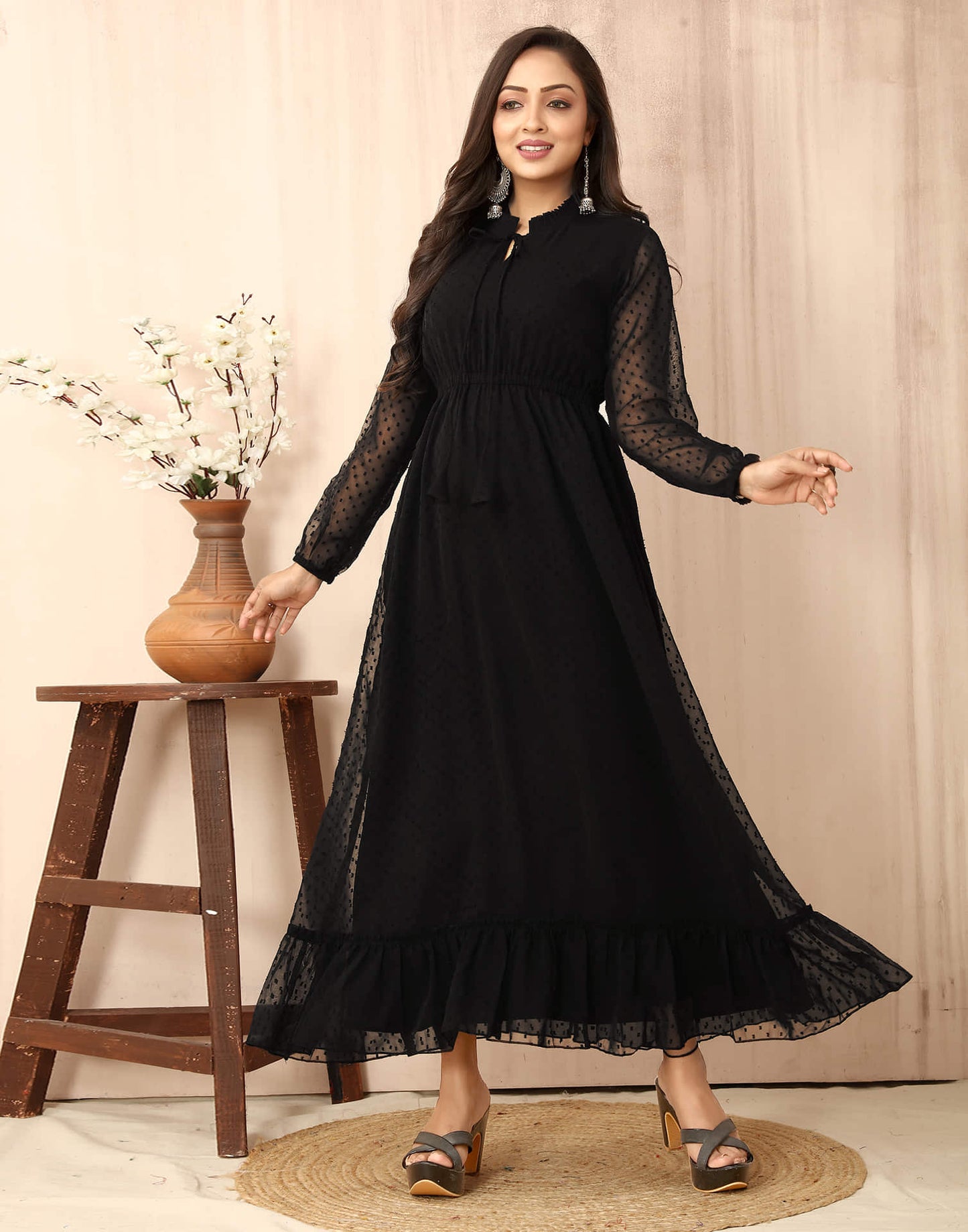 Black Chiffon Woven Flared Dress