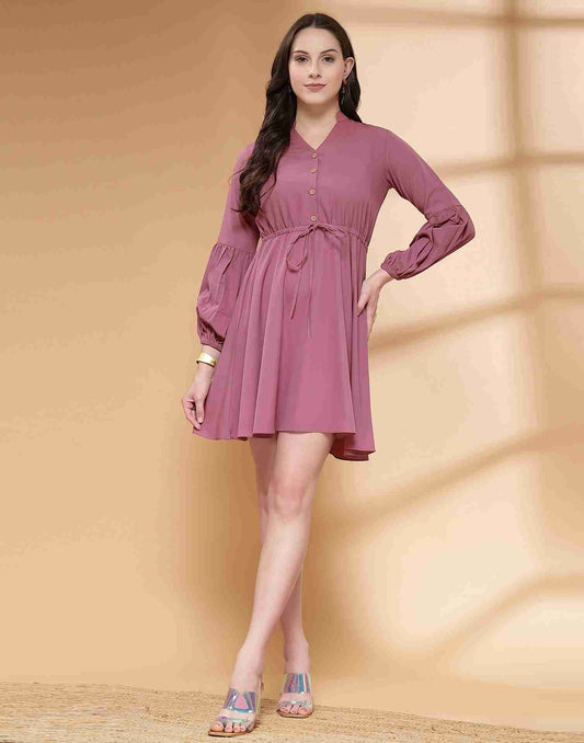 Dusty Pink Polyester Plain Flared Dress