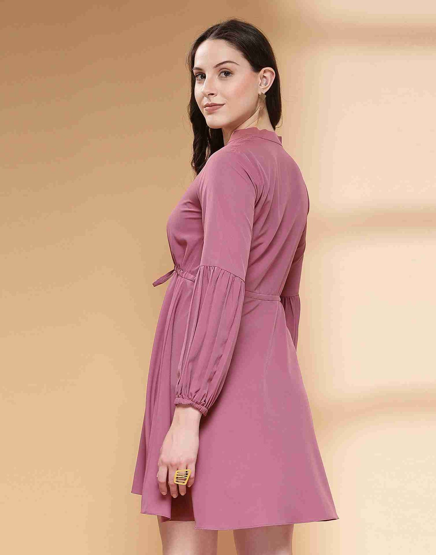 Dusty Pink Polyester Plain Flared Dress