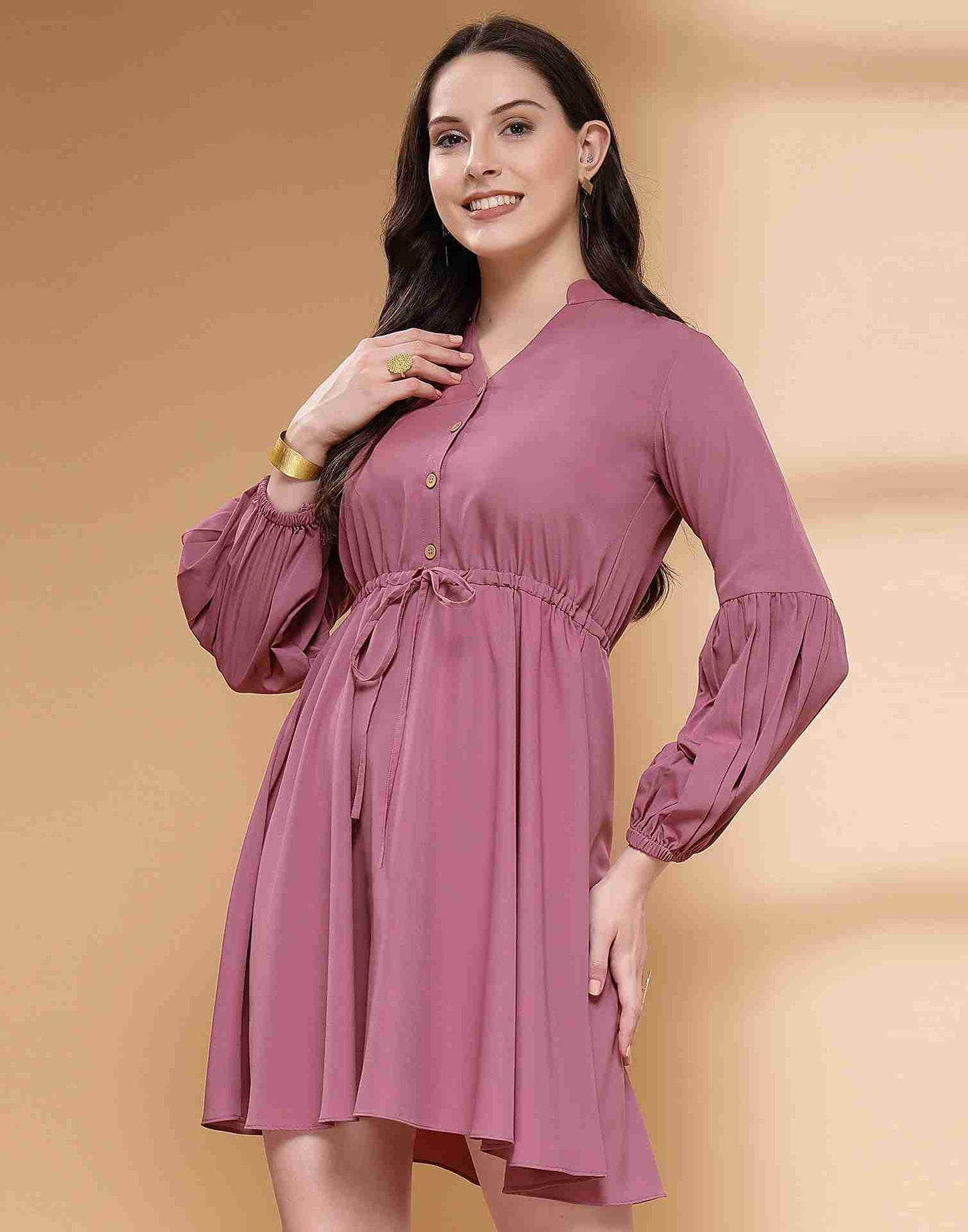 Dusty Pink Polyester Plain Flared Dress