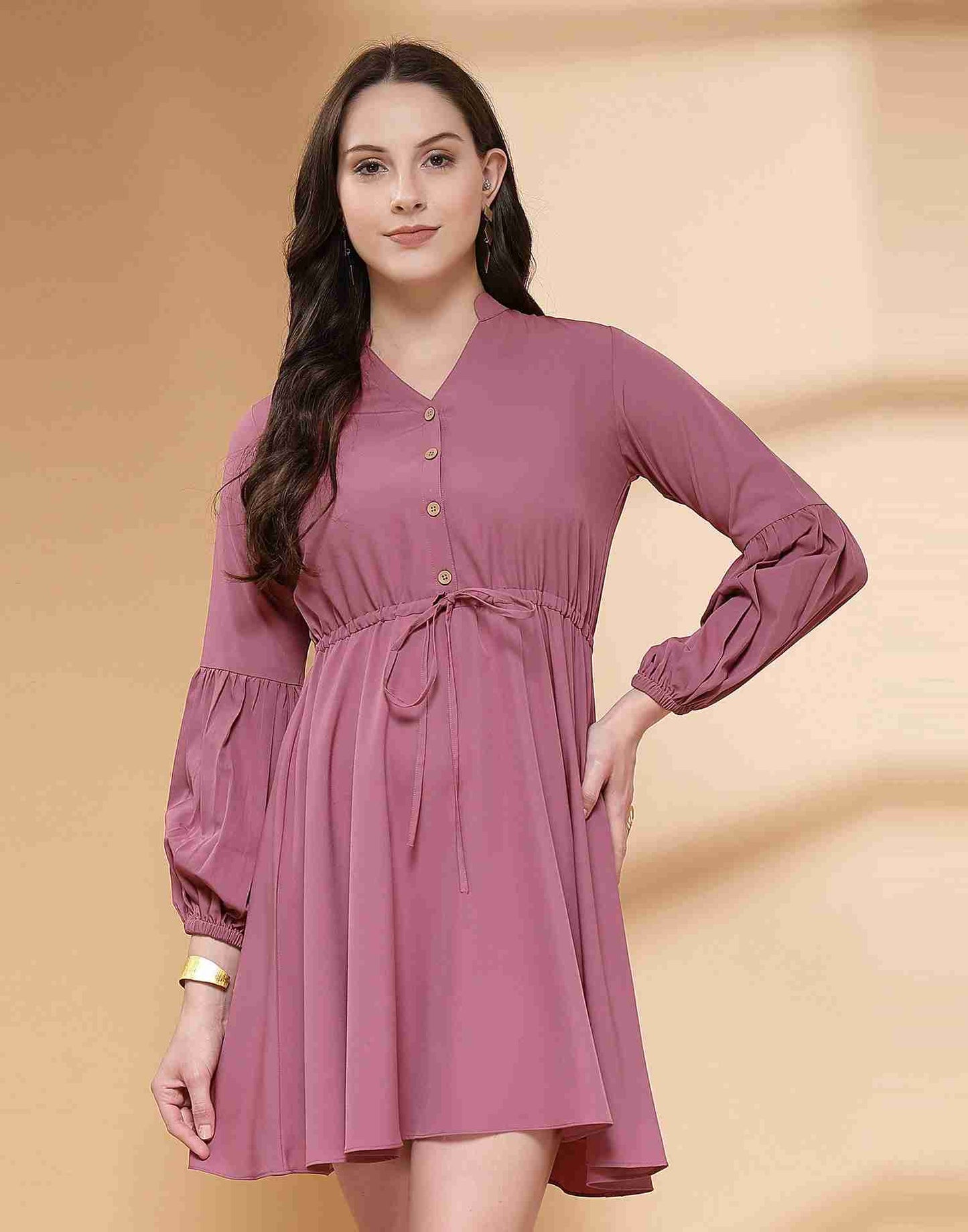 Dusty Pink Polyester Plain Flared Dress