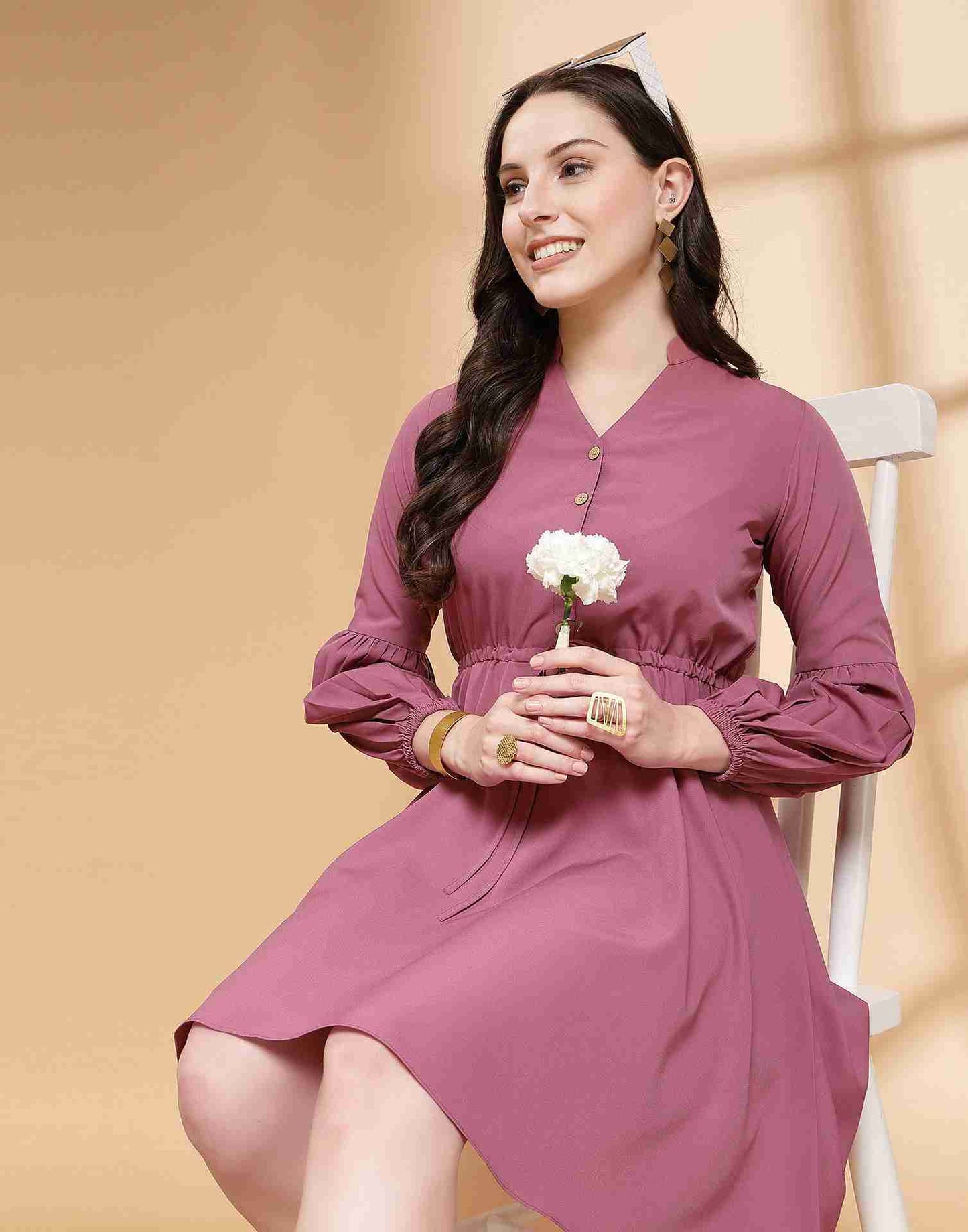 Dusty Pink Polyester Plain Flared Dress