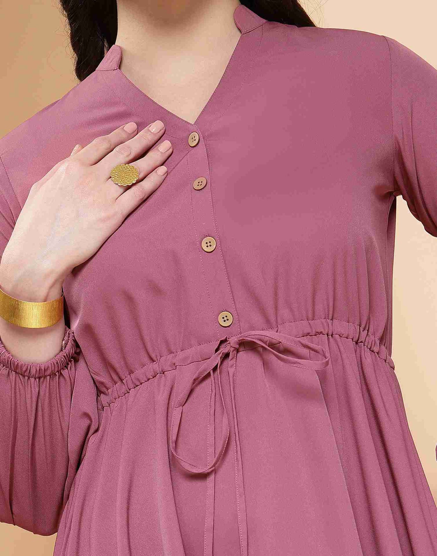 Dusty Pink Polyester Plain Flared Dress