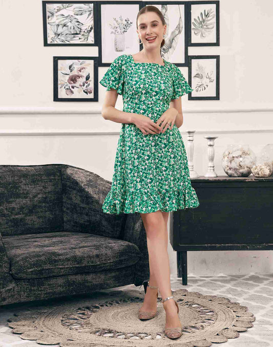 Dark Green Polyester Printed A-Line Dress
