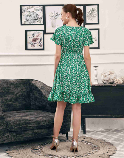 Dark Green Polyester Printed A-Line Dress