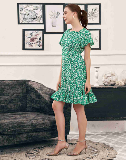 Dark Green Polyester Printed A-Line Dress