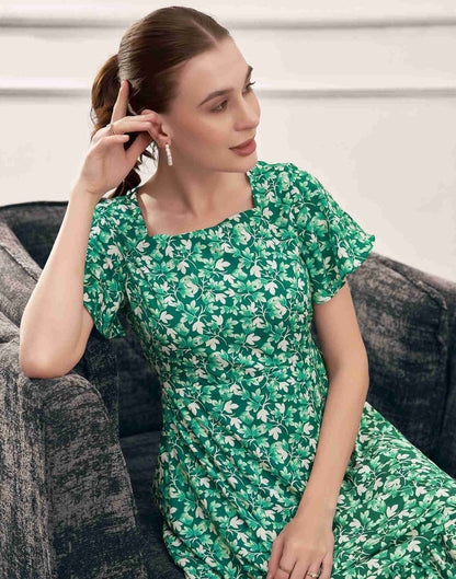Dark Green Polyester Printed A-Line Dress