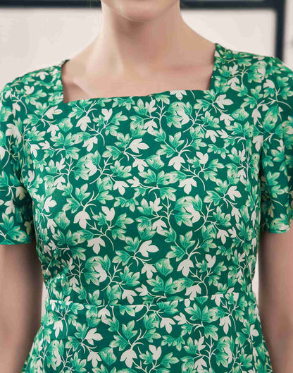 Dark Green Polyester Printed A-Line Dress