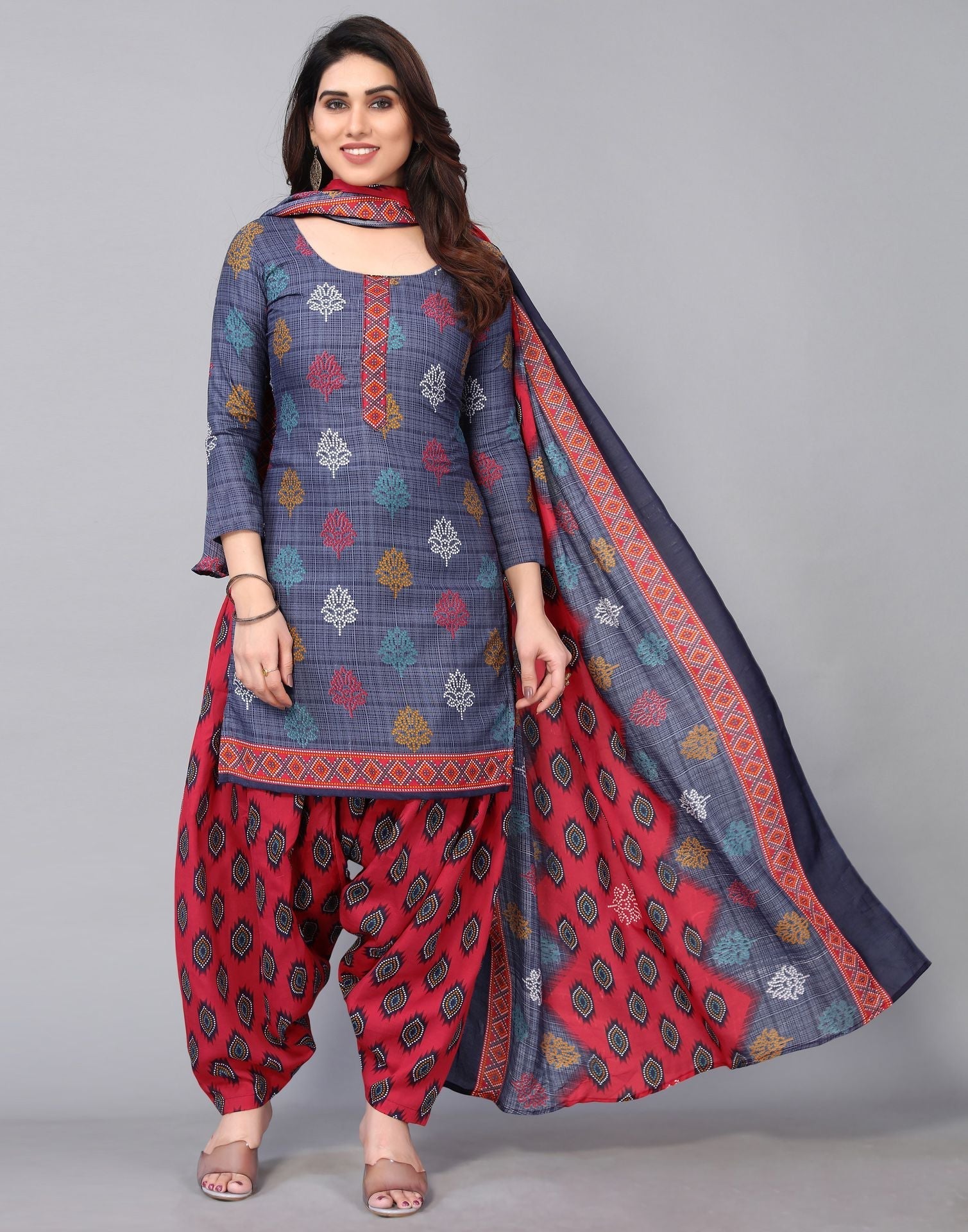 Grey Printed Cotton Straight Kurta With Pant And Dupatta | Sudathi