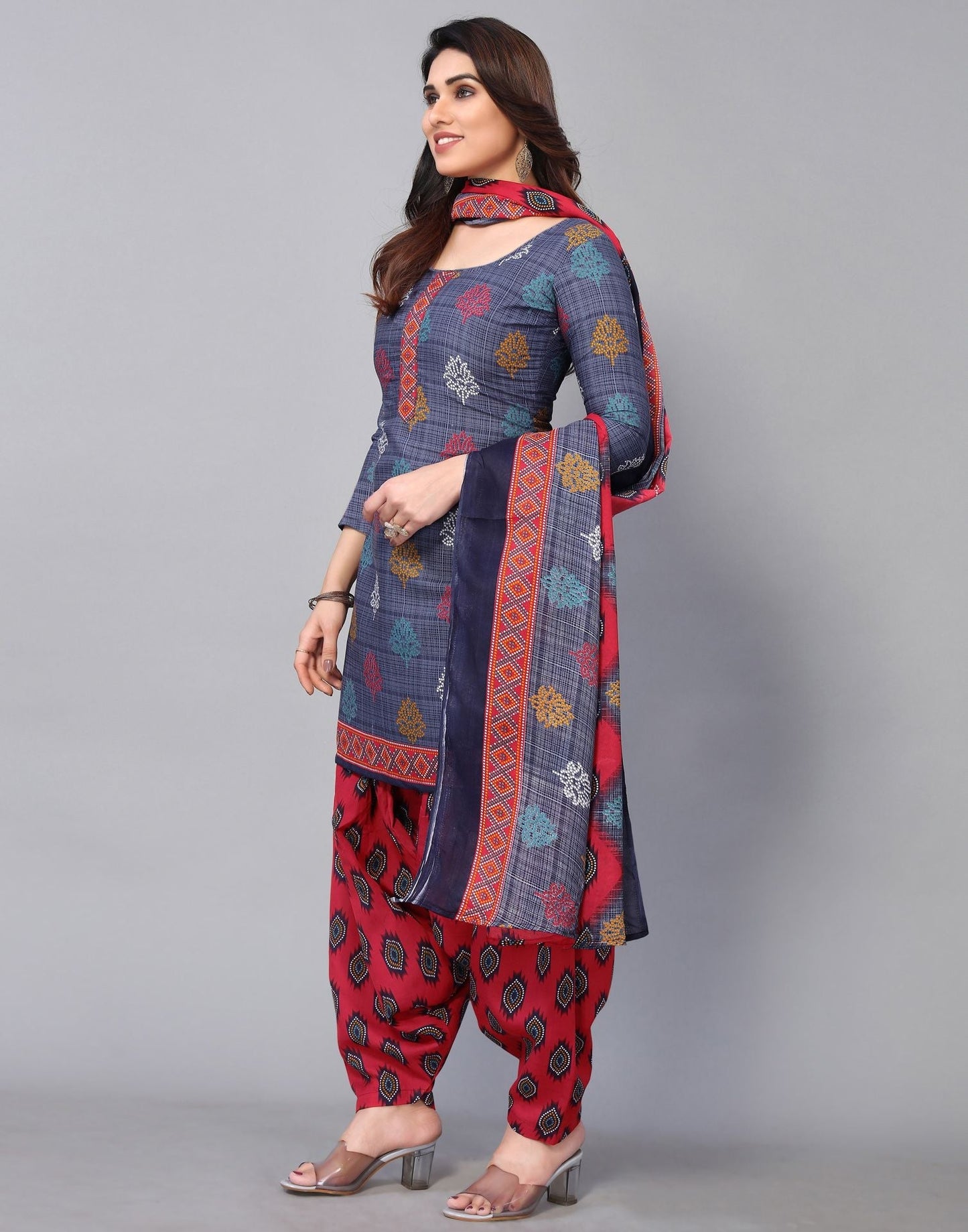 Grey Printed Cotton Straight Kurta With Pant And Dupatta | Sudathi