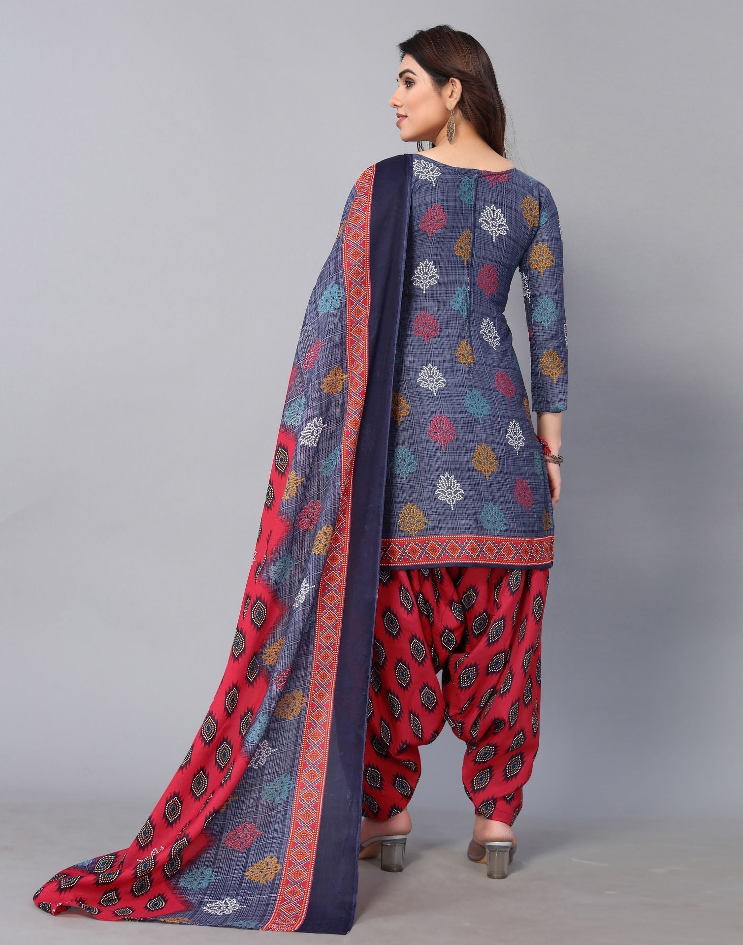 Grey Printed Cotton Straight Kurta With Pant And Dupatta | Sudathi