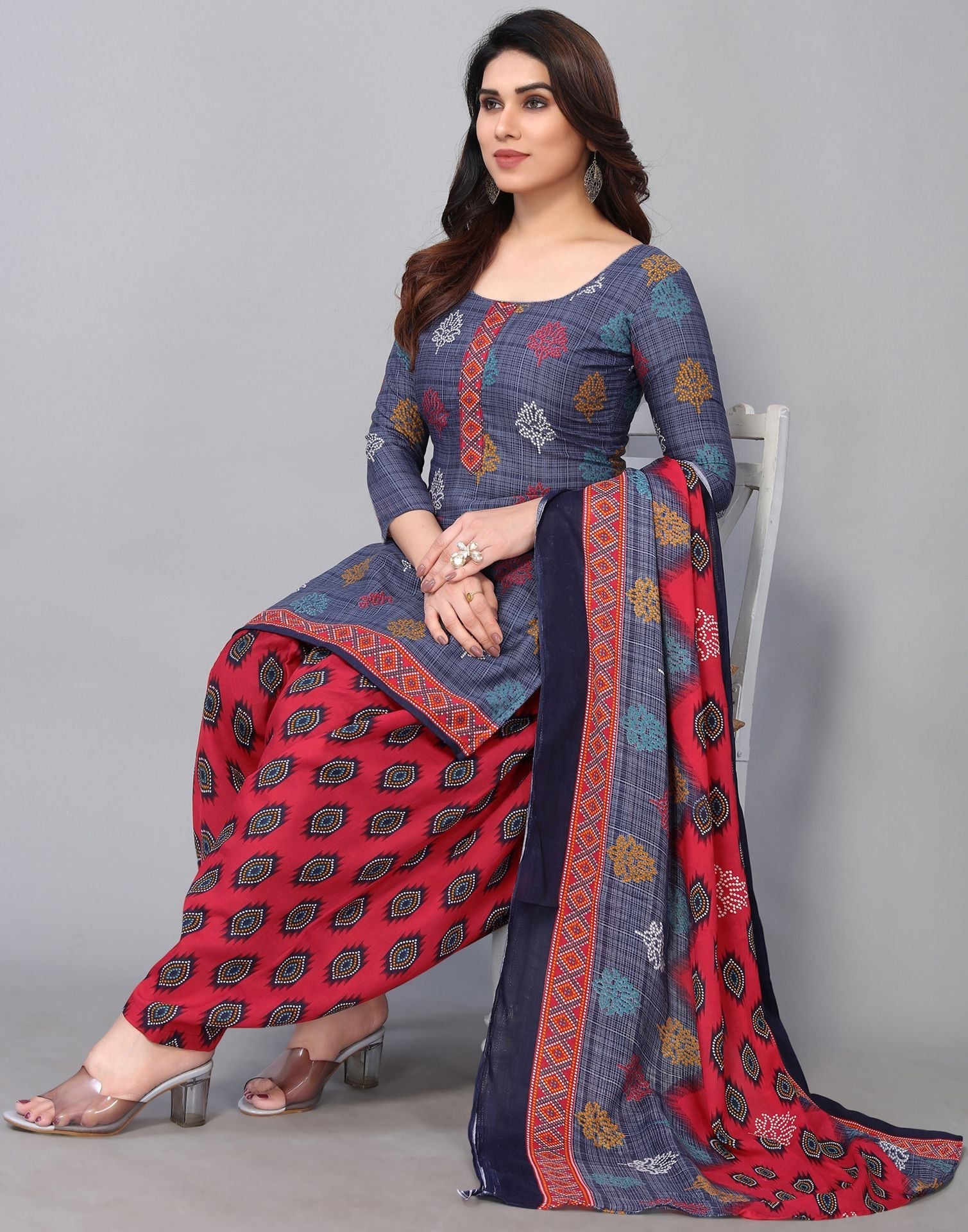 Grey Printed Cotton Straight Kurta With Pant And Dupatta | Sudathi