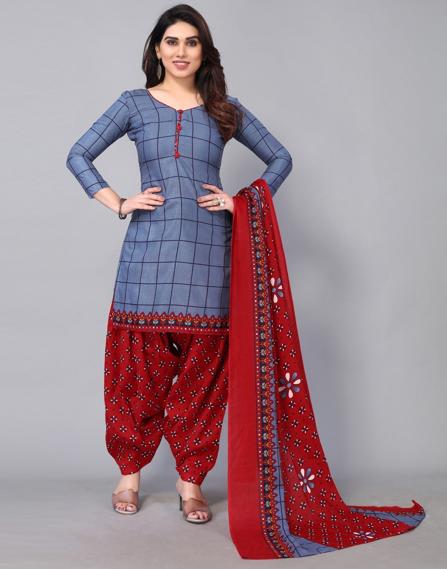 Greyish Blue Printed Cotton Straight Kurta With Pant And Dupatta | Sudathi