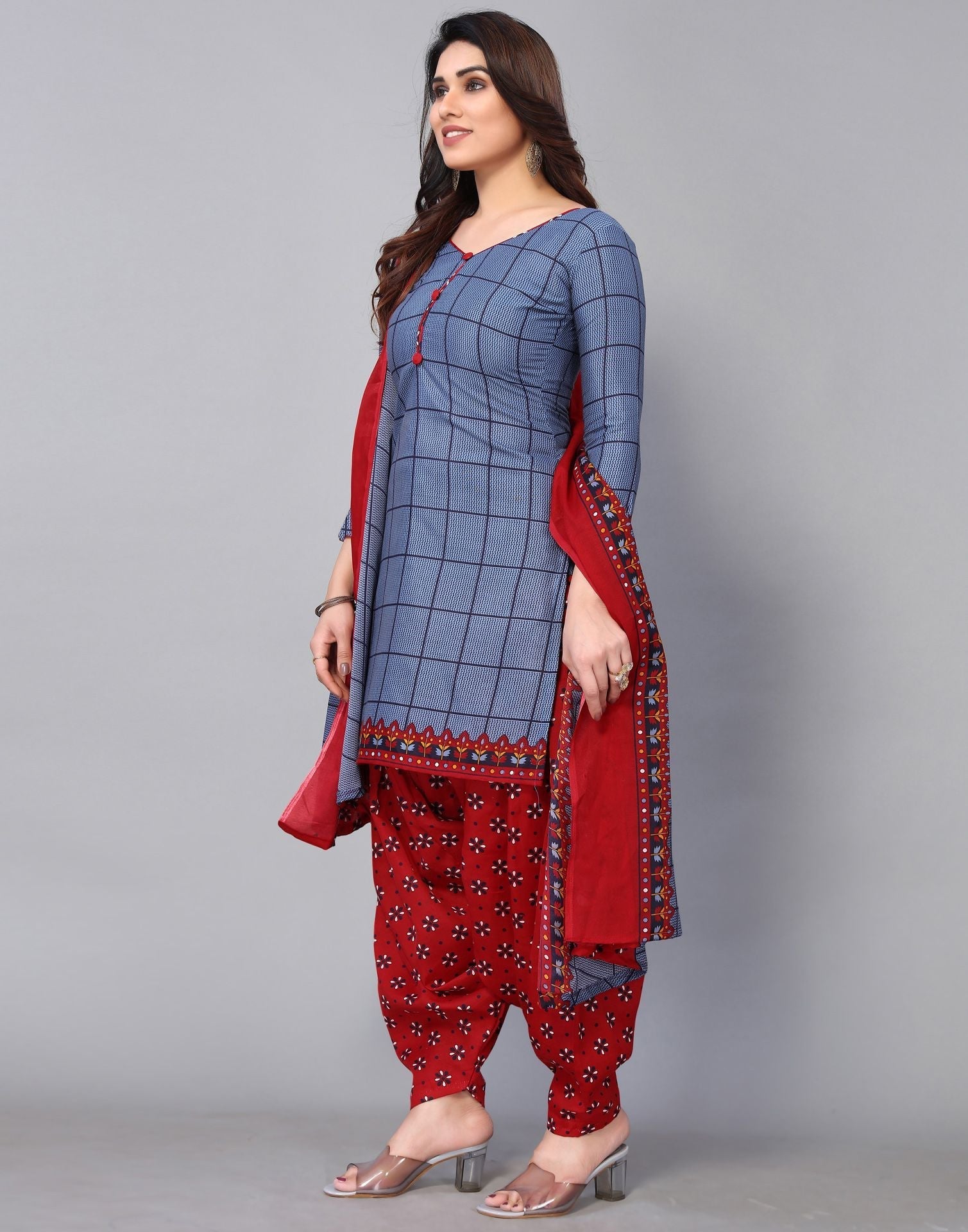 Greyish Blue Printed Cotton Straight Kurta With Pant And Dupatta | Sudathi