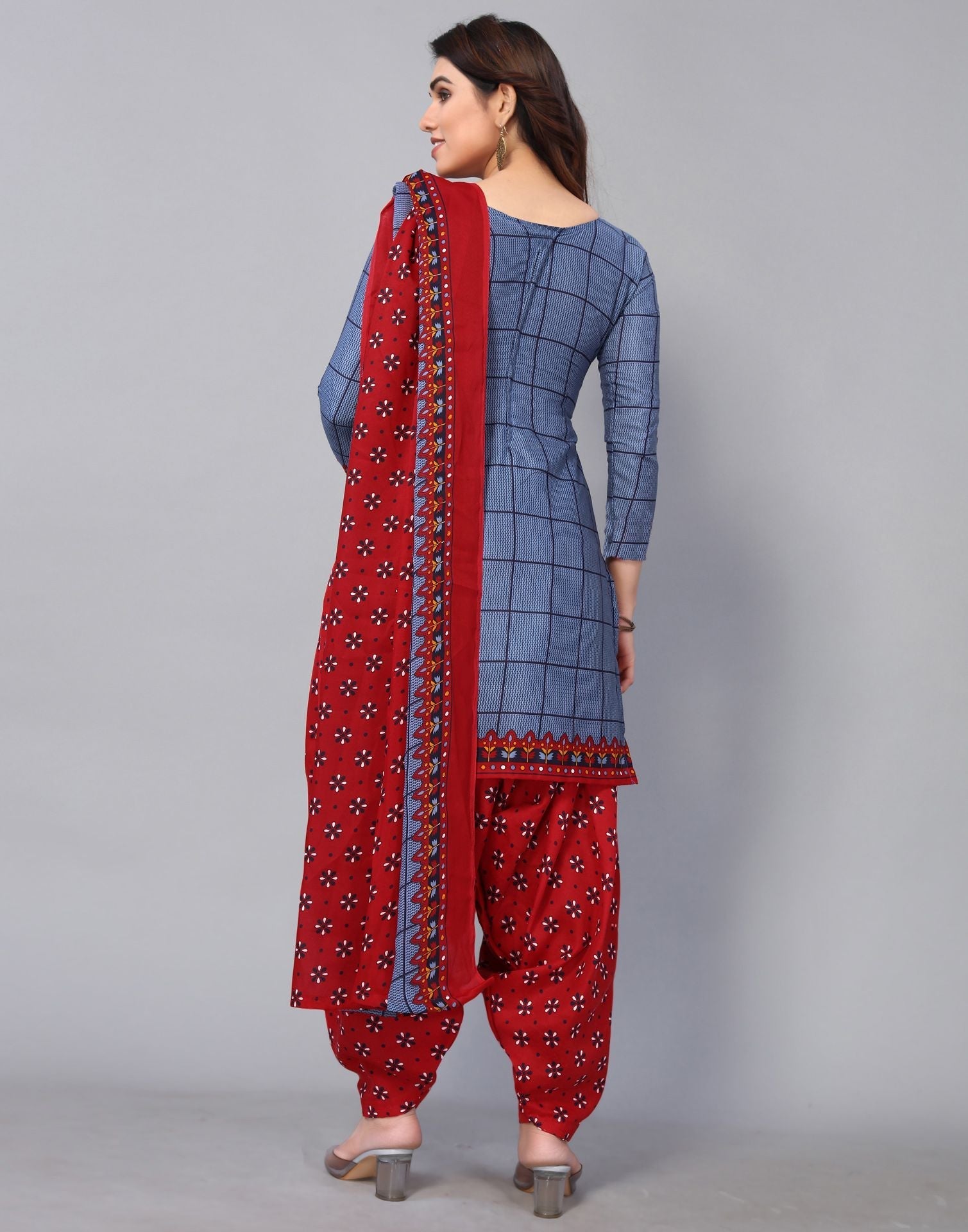 Greyish Blue Printed Cotton Straight Kurta With Pant And Dupatta | Sudathi