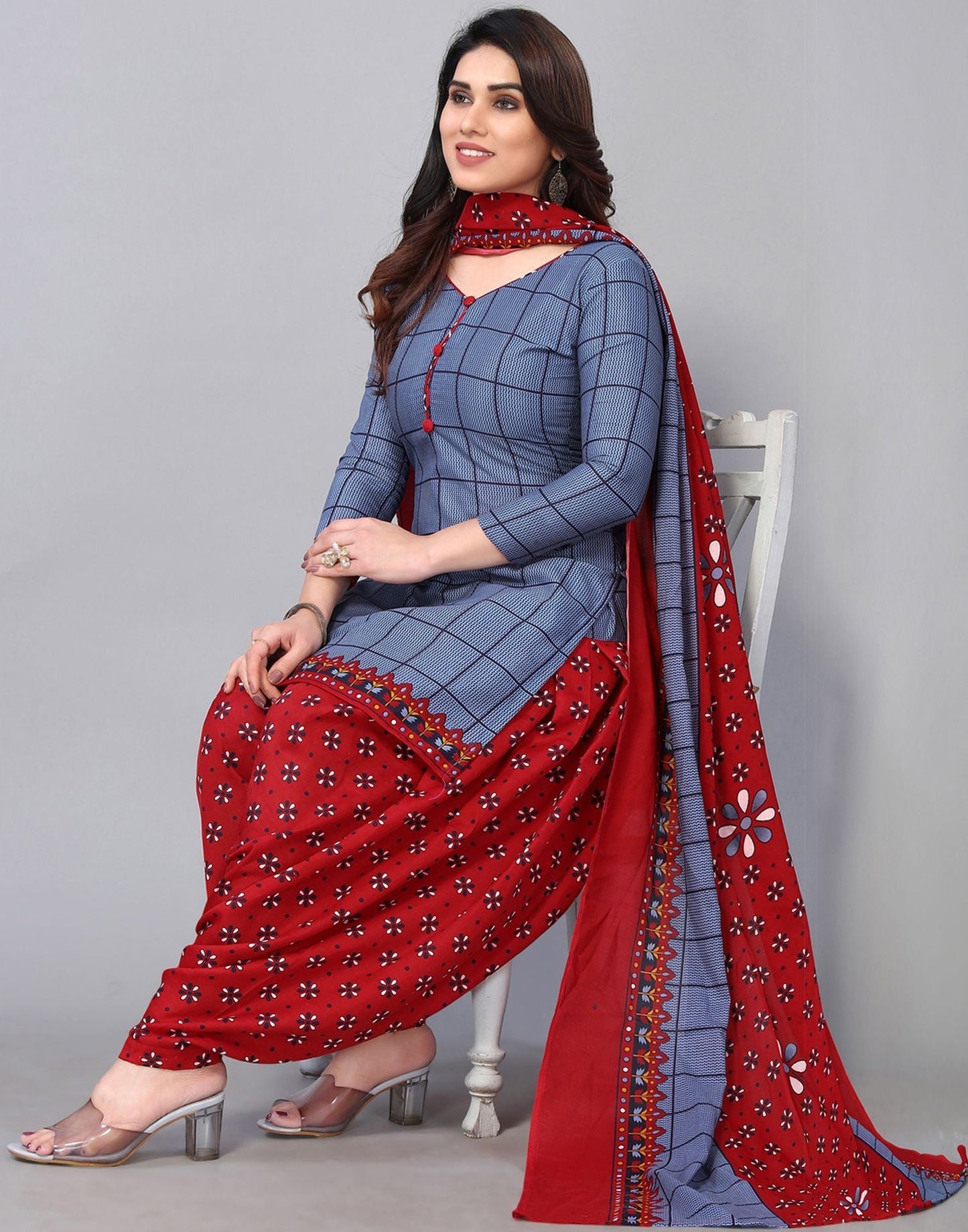 Greyish Blue Printed Cotton Straight Kurta With Pant And Dupatta | Sudathi