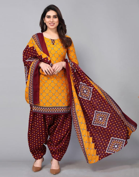 Mustard Yellow Cotton Printed Straight Kurta Kurti With Pant And Dupatta | Sudathi