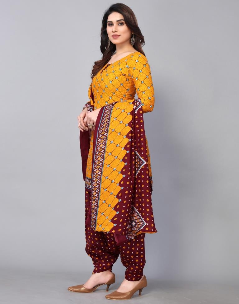 Mustard Yellow Cotton Printed Straight Kurta Kurti With Pant And Dupatta | Sudathi