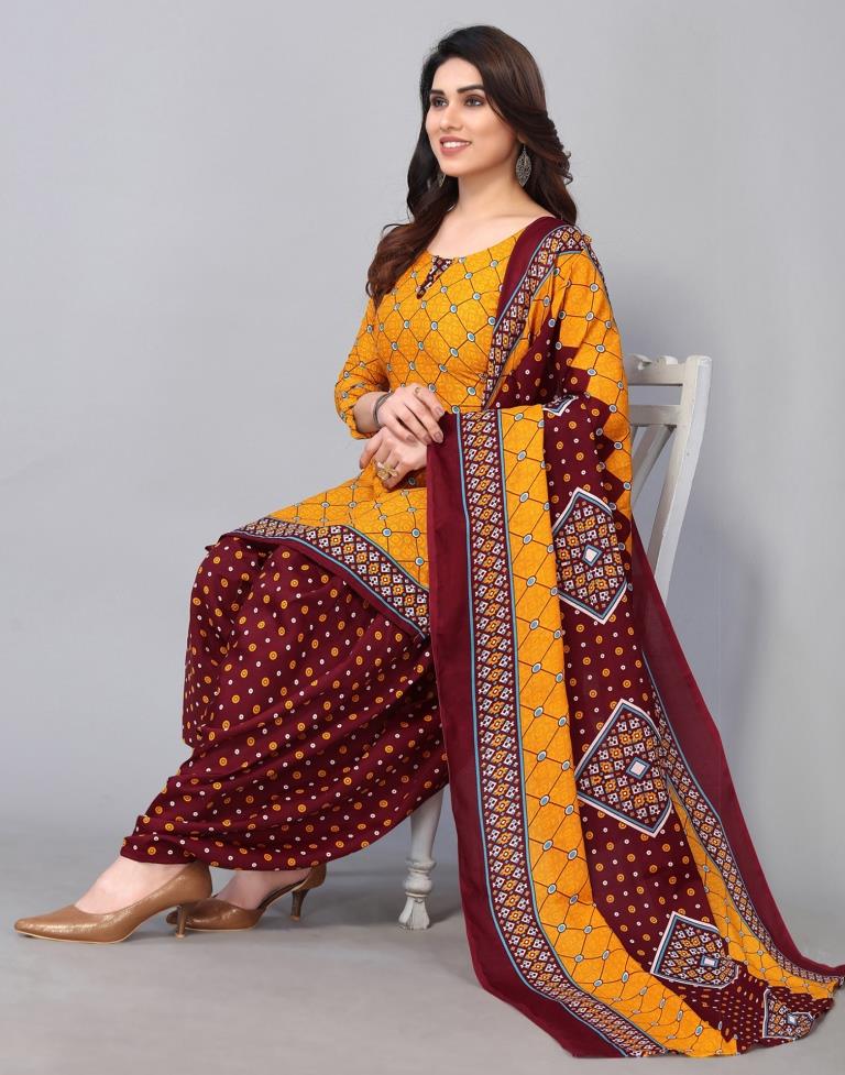 Mustard Yellow Cotton Printed Straight Kurta Kurti With Pant And Dupatta | Sudathi