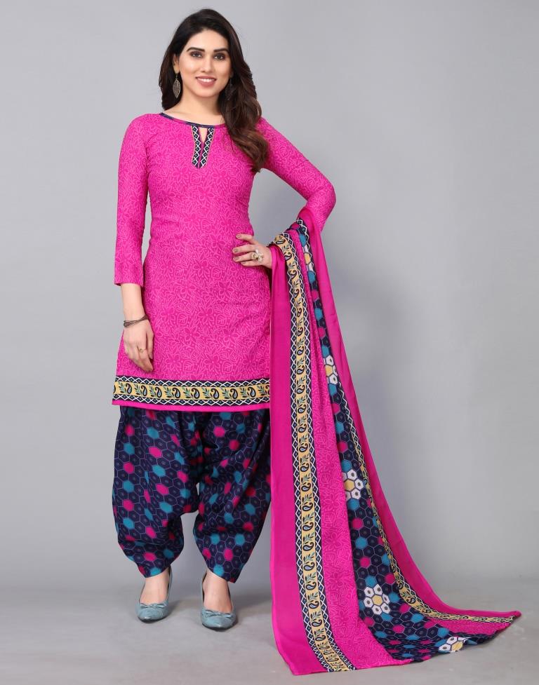 Pink Cotton Printed Straight Kurta Kurti With Pant And Dupatta | Leemboodi