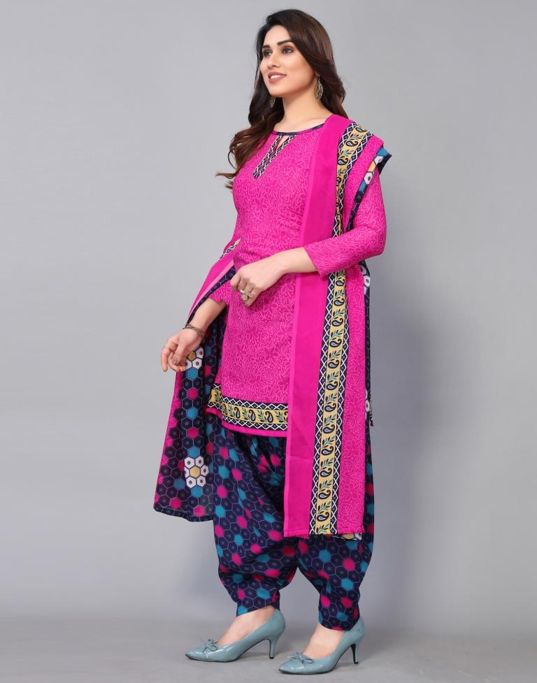 Pink Cotton Printed Straight Kurta Kurti With Pant And Dupatta | Leemboodi