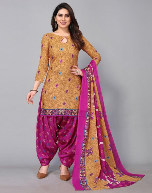 Light Brown Cotton Printed Straight Kurta Kurti With Pant And Dupatta | Sudathi