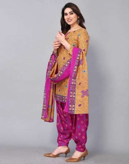 Light Brown Cotton Printed Straight Kurta Kurti With Pant And Dupatta | Sudathi