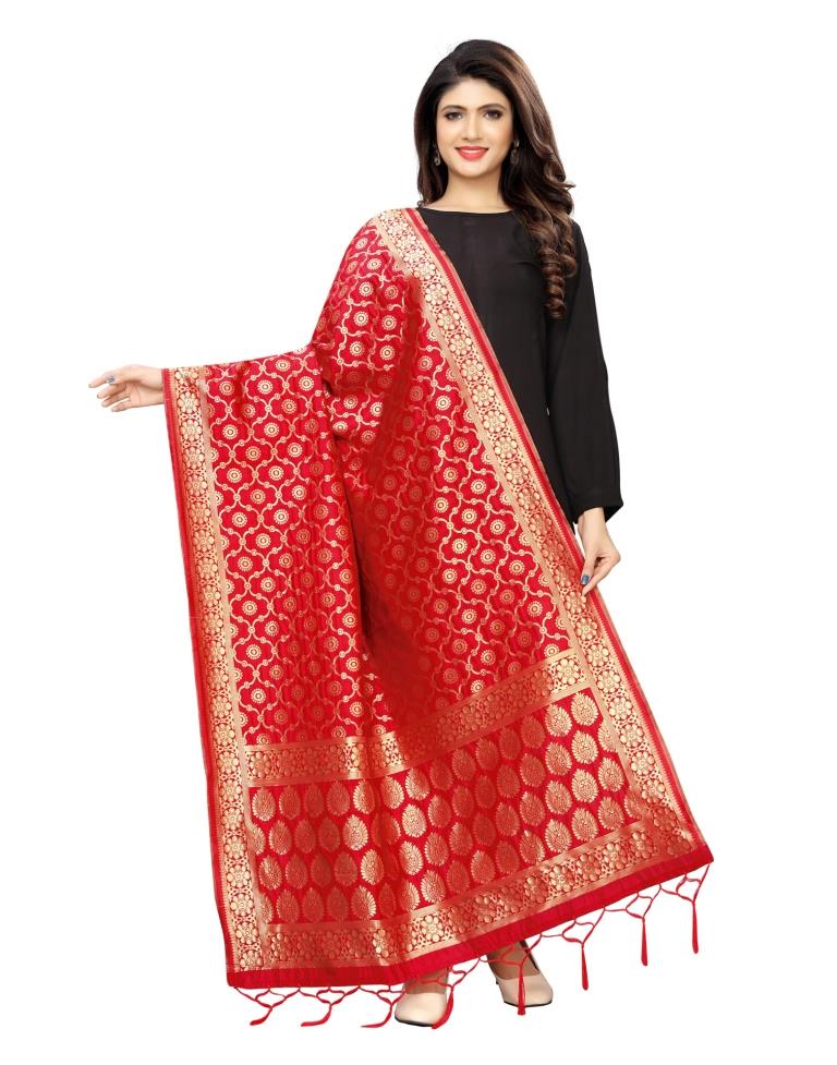 Luscious Red Coloured Poly Silk Jacquard Banarasi Dupatta | Sudathi