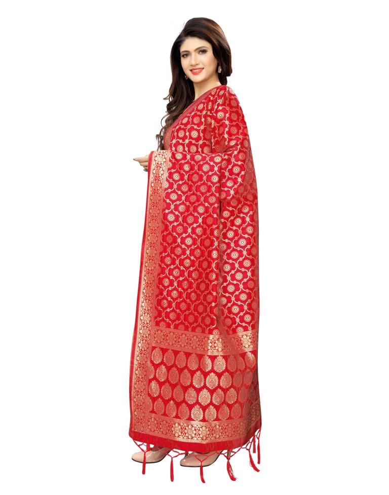 Luscious Red Coloured Poly Silk Jacquard Banarasi Dupatta | Sudathi
