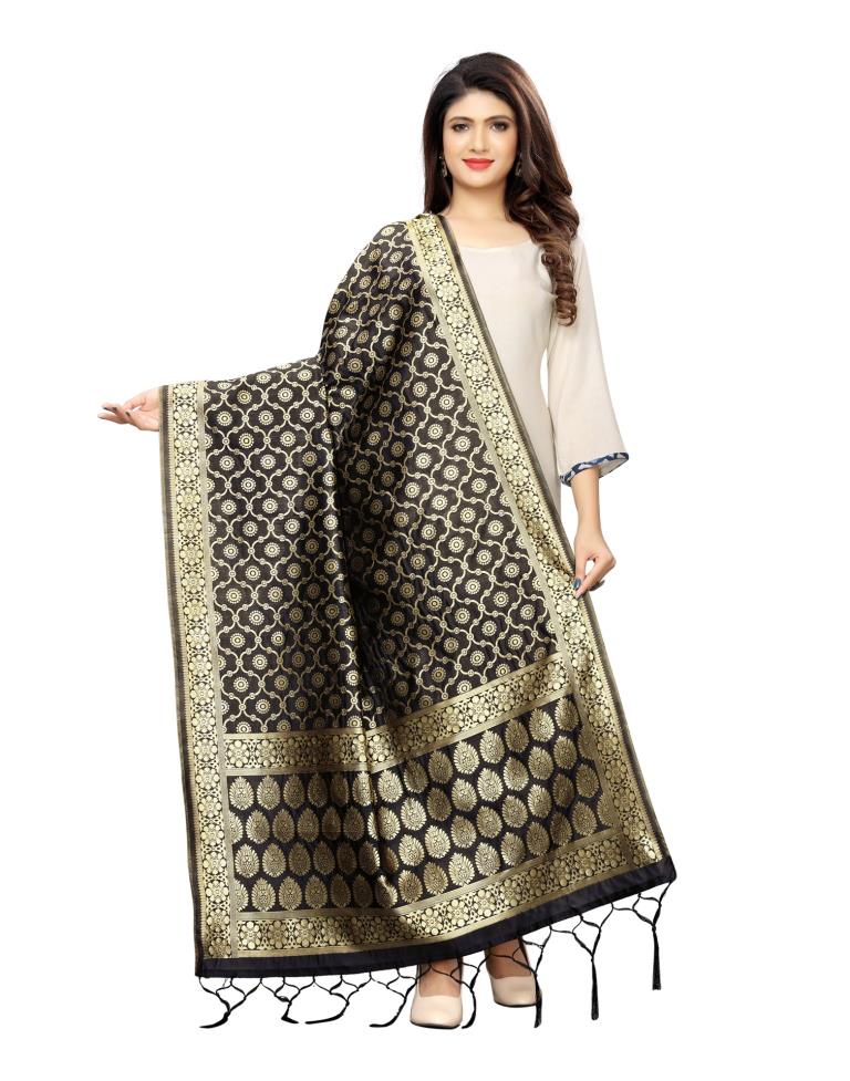 Angellic Black Coloured Poly Silk Jacquard Banarasi Dupatta | Sudathi