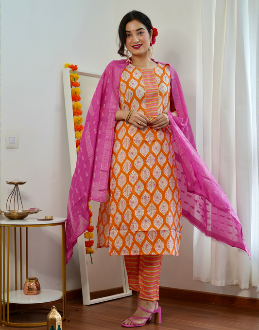 Light Orange Cotton Printed Straight Kurta With Pant And Dupatta