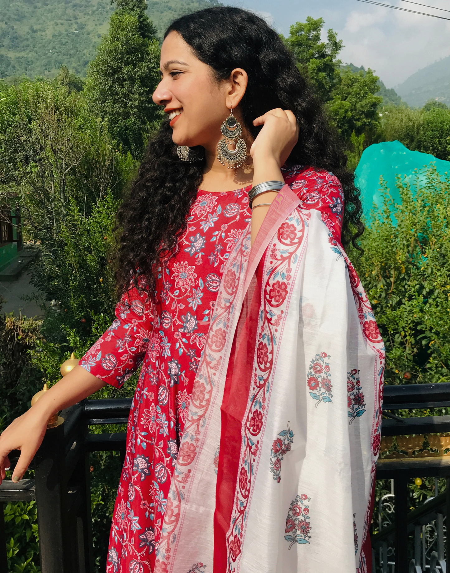 Red Printed Flared Kurta With Pant And Dupatta