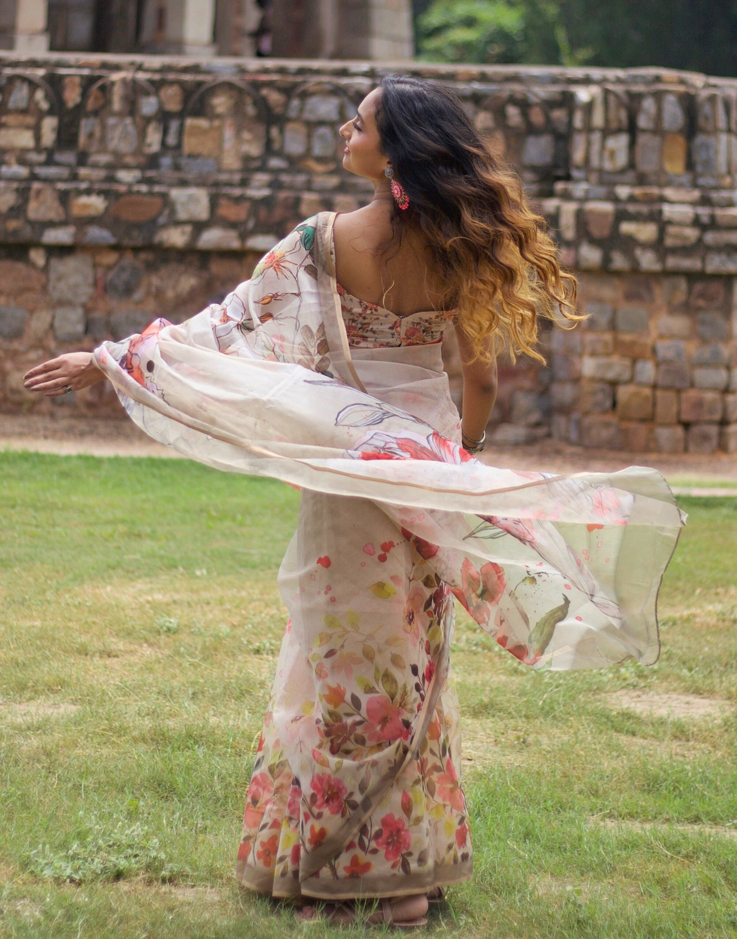 Beige Organza Printed Saree