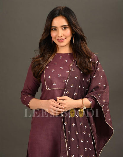 Purple Printed Kurti with Pant And Dupatta | Leemboodi