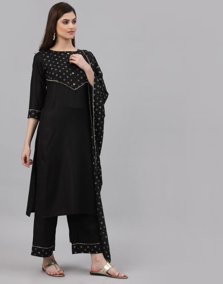 Black Khadi printed Kurti with Pant And Dupatta | Leemboodi