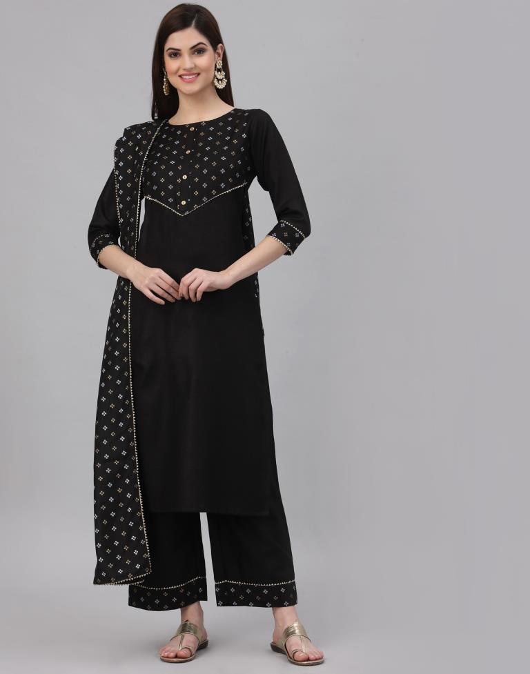 Black Khadi printed Kurti with Pant And Dupatta | Leemboodi