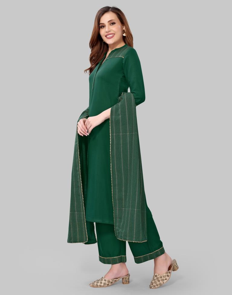 Green Khadi printed Kurti with Pant And Dupatta | Leemboodi