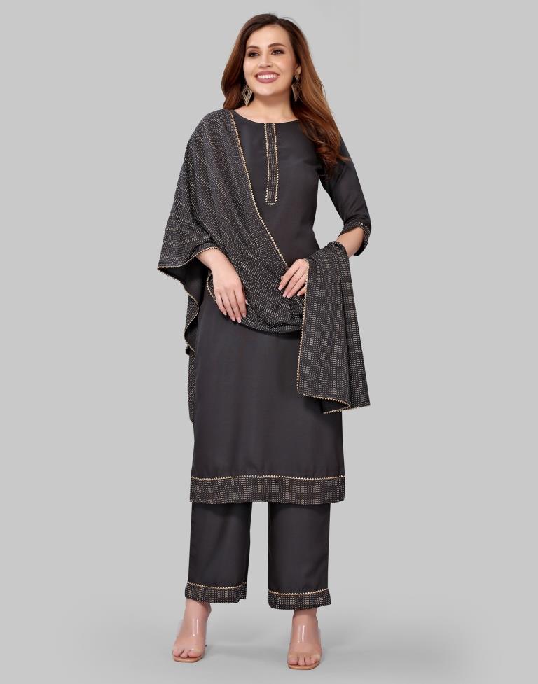 Grey Khadi printed Kurti with Pant And Dupatta | Leemboodi