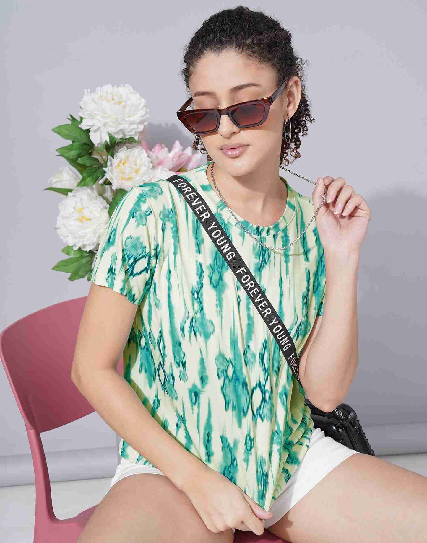 Turquoise Lycra Printed T-shirt