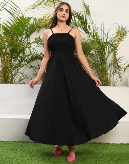 Black Rayon Plain Flared Dress