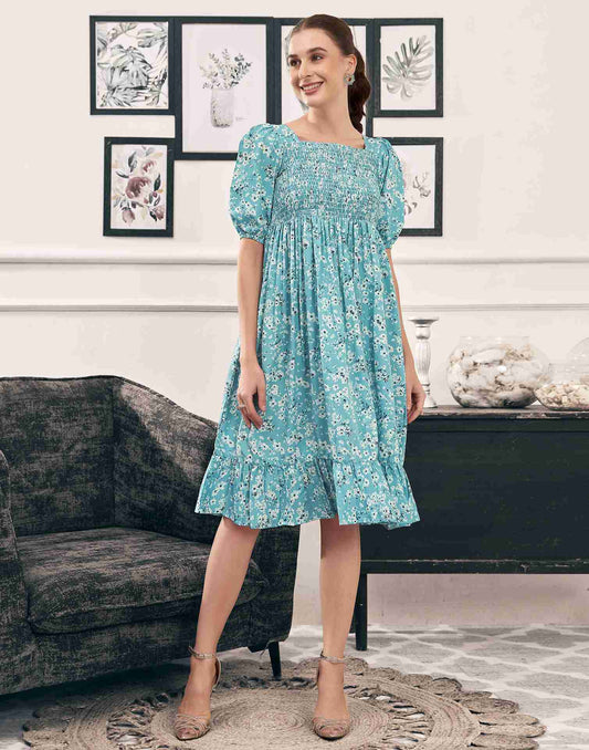 Sky Blue Polyester Printed Flared Dress
