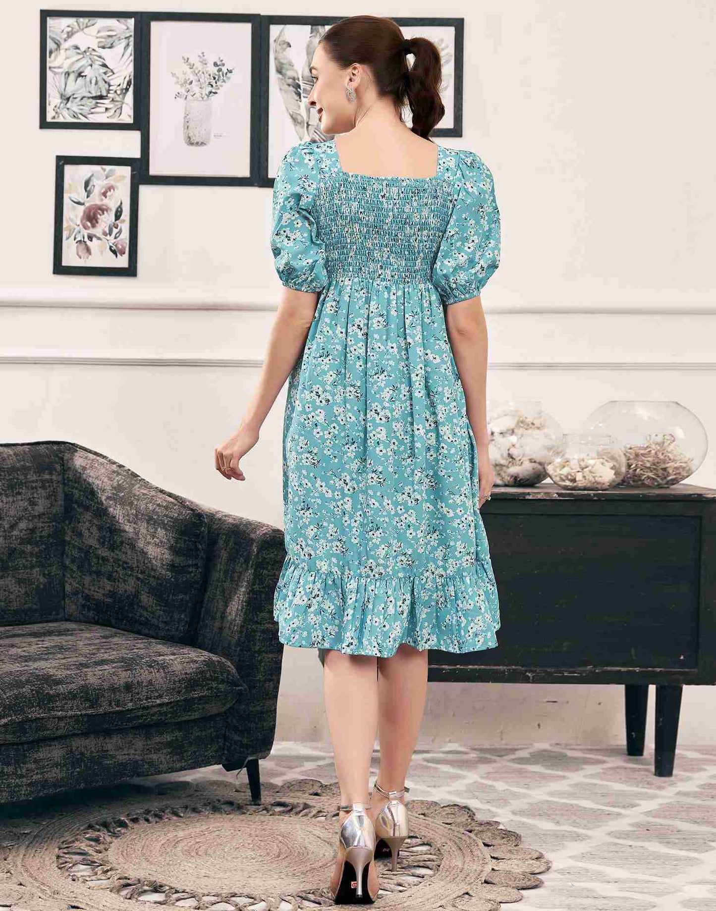 Sky Blue Polyester Printed Flared Dress