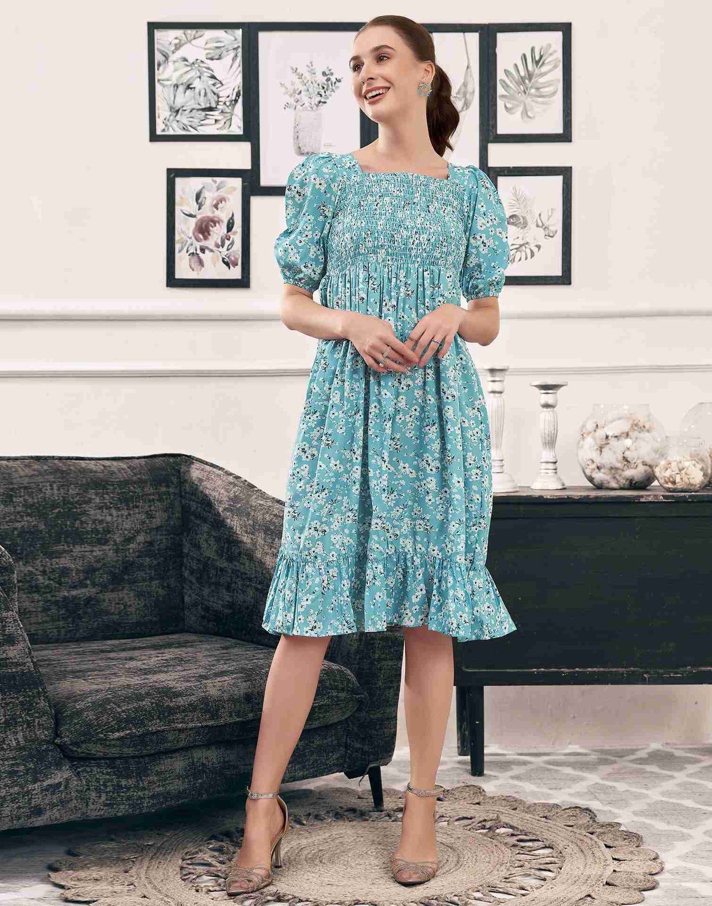 Sky Blue Polyester Printed Flared Dress