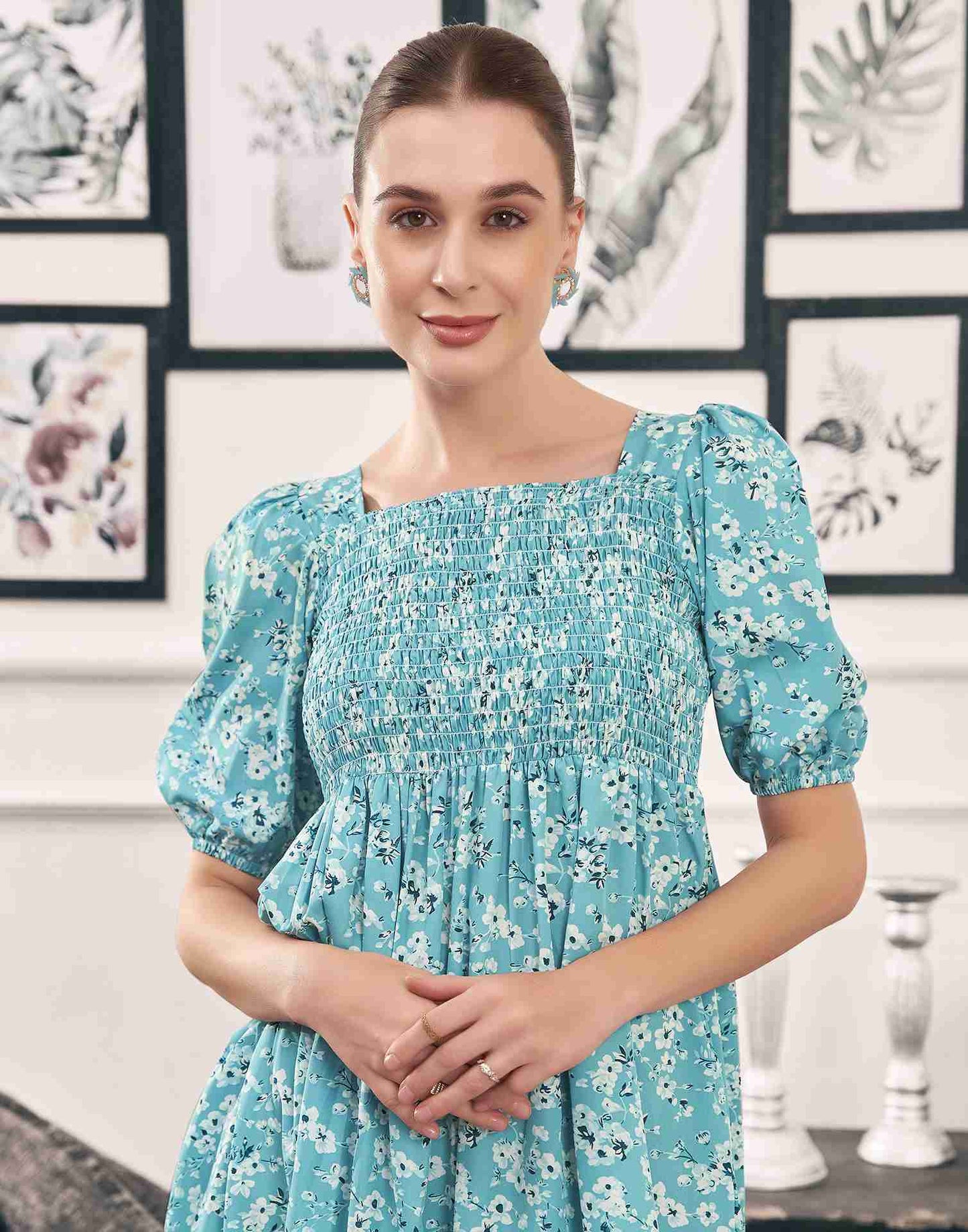 Sky Blue Polyester Printed Flared Dress
