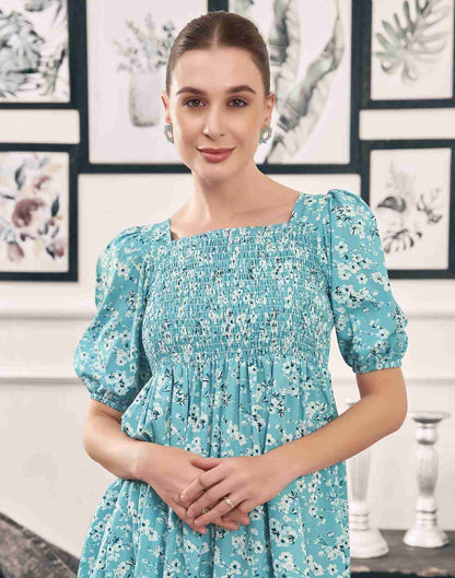 Sky Blue Polyester Printed Flared Dress