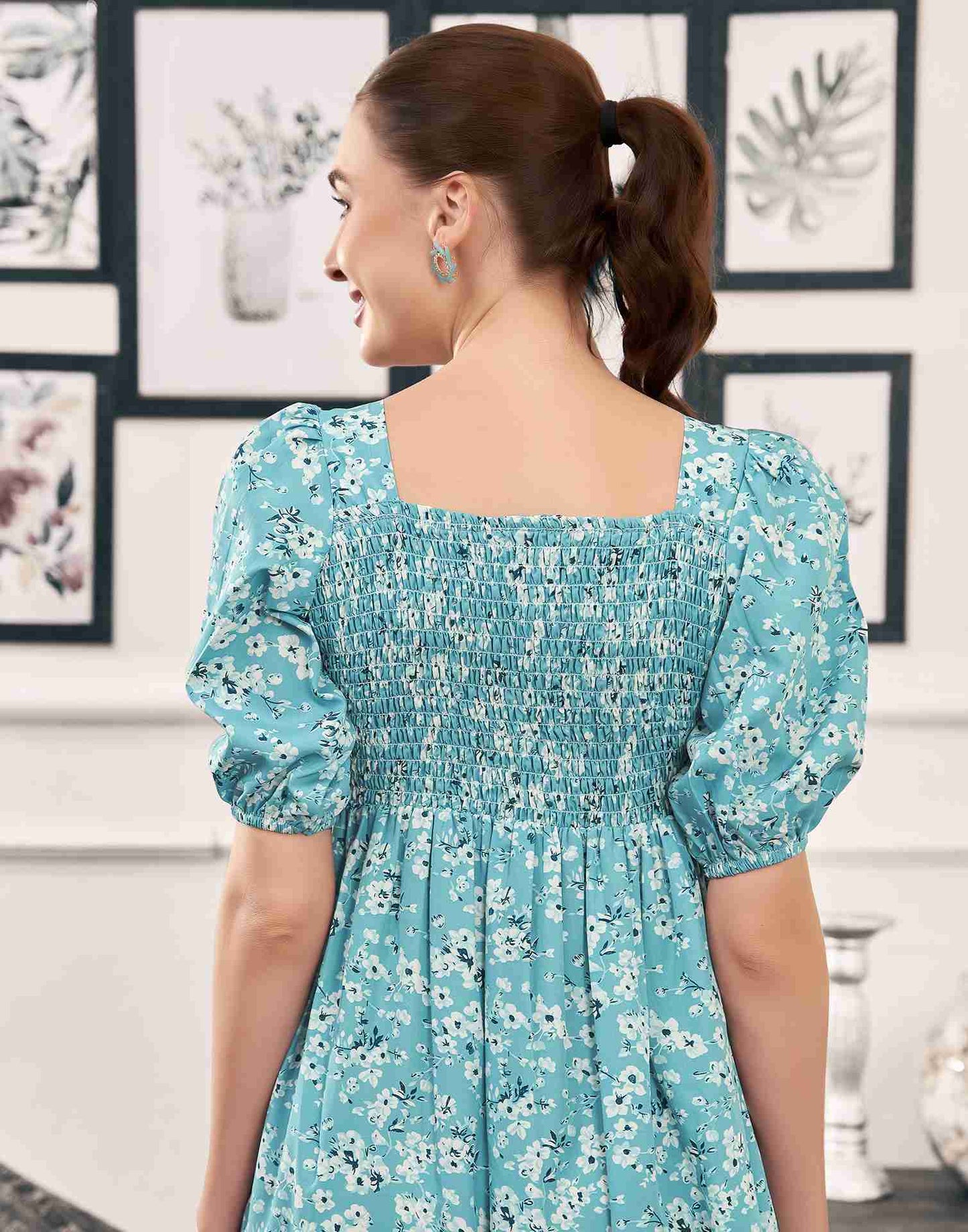 Sky Blue Polyester Printed Flared Dress