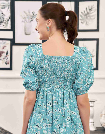 Sky Blue Polyester Printed Flared Dress