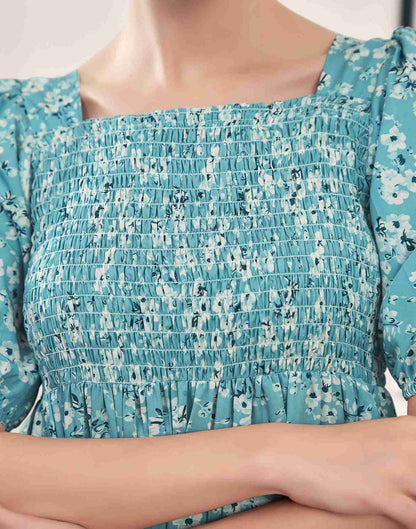 Sky Blue Polyester Printed Flared Dress