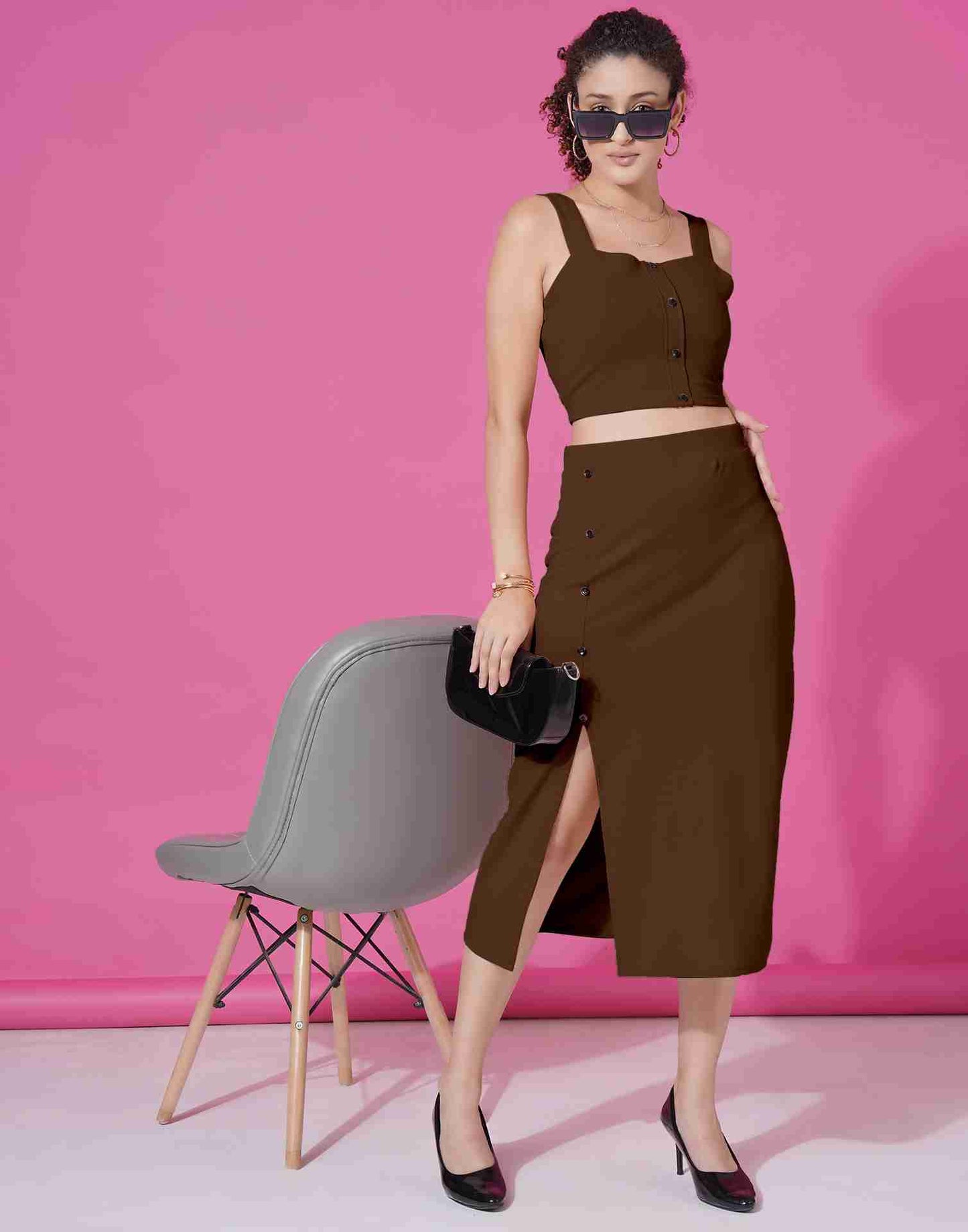 Brown Lycra Plain Co-ord Set